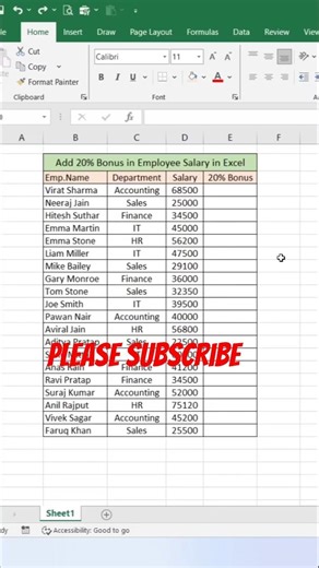 Excel me salary par 20% bonus add karein ek simple formula se. Fast aur easy trick! 💰📊#shorts