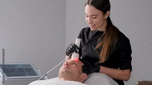 A young man enjoys a radio frequency lifting procedure in a beauty clinic.