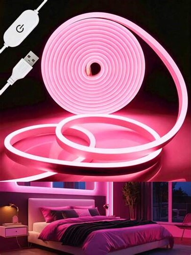 1pc Pink LED Neon Light Strip, USB Powered, Flexible LED Light Strips For DIY, Christmas Decor Lights, USB LED String Lights, Cabinet Lights, Bedroom, Living Room, Bar, Restaurant, Party, Holiday, Christmas, Halloween, Soft Neon LED Lights | SHEIN