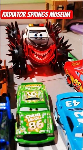 Pixar Cars Sheriff becomes monster car with big wheels add turns red evil smile and chases cars.