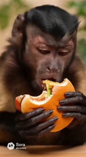 Monkey Eats Juicy Hamburger