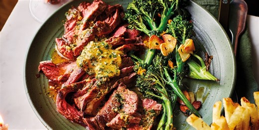 Bavette steak recipe with umami-rich Café de Paris butter and roasted broccoli