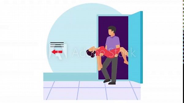 man carrying unconscious woman in his arms while stepping out doorway animation, action during crisis animated video, first aid people clip, Medical emergency footage, Saving Lives services motion