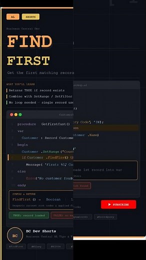 FindFirst in AL Language ✅ Retrieve the First Record | BC Dev #Shorts
