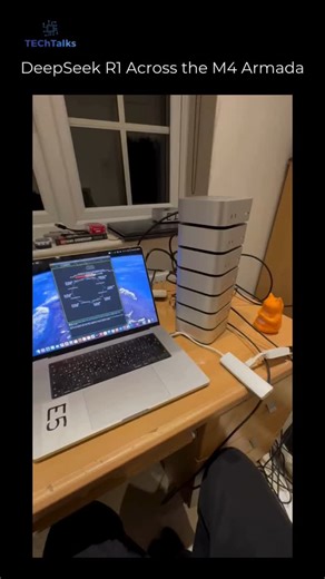 TECtalks on Instagram: "Unleashing DeepSeek R1 with 7 M4 Pro Mac Minis and 1 M4 Max MacBook Pro – 496GB of unified memory in full throttle! Credits: @ exolabs #deepseek #deepseekr1"