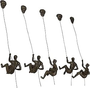 5x Large Bronze Climbing Abseiling Hanging Ornaments Figures Set of 5 Climbing Men Wallhanging Figurines Abseiling Ornament Sculpture Wall Art Resin and Metal Bungee Jumping Man Hanging on Wire B5C
