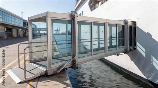 Passenger boarding bridge connected to cruise ship at port, enabling safe embarkation, transport logistics, maritime travel operations and infrastructure management.