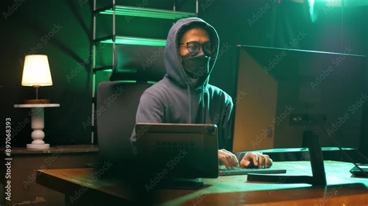 Hooded asian male hacker wearing a black mask sitting at dark room in front of pc monitor, writing code or using computer virus program for cyber attack. cybercrime, hacking concept