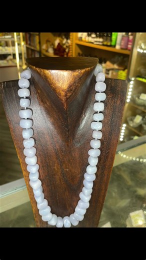 Angelite Angelite is revered as a bridge to higher guidance, a stone of serenity, and a tool for soul-level communication. Messenger of the Angels: It is strongly associated with angelic beings, especially Archangel Michael and the celestial hierarchy. It’s believed to open channels for receiving messages, guidance, and comfort from the angelic realm, enhancing intuition and spiritual hearing (clairaudience). #angelite #crystalnecklace #spiritualshop #lutonbusiness #stock