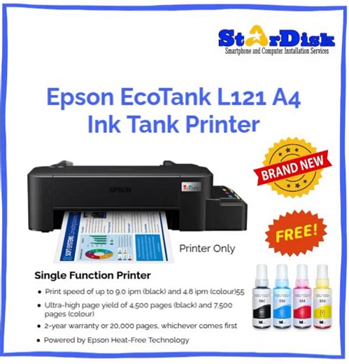 𝙀𝙋𝙎𝙊𝙉 𝙇121 𝙋𝙍𝙄𝙉𝙏𝙀𝙍 Print speed of up to 9.0 ipm (black) and 4.8 ipm (colour) Ultra-high page yield of 4,500 pages (black) and 7,500 pages (colour) Powered by Epson Heat-Free Technology 4-colour, cartridge-free printer Warranty: Two (2) years Manufacturer’s Warranty or 20,000 Pages, whichever comes first – Direct to any authorized service center of the Brand “𝐎𝐧𝐞 𝐬𝐭𝐨𝐩 𝐒𝐨𝐥𝐮𝐭𝐢𝐨𝐧 𝐟𝐨𝐫 𝐚𝐥𝐥 𝐲𝐨𝐮𝐫 𝐧𝐞𝐞𝐝𝐬" Visit us: 🏠 𝐒𝐭𝐚𝐫𝐃𝐢𝐬𝐤 𝘚𝘮𝘢𝘳𝘵𝘱𝘩𝘰𝘯𝘦 𝘢𝘯𝘥 