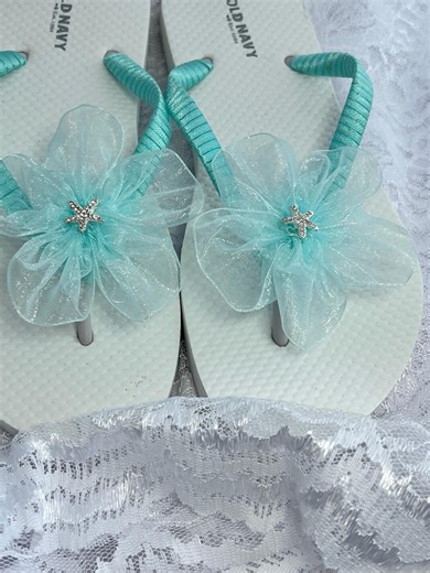 Beach Bridal Flip Flops, Aqua Wedding Sandals With Organza Flowers & Starfish Charm, Destination Bride Shoes, Bridesmaid Flip Flops - Etsy UK
