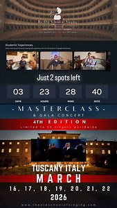 Last call. Only two spots remain. Our 4th edition Masterclass at the Old School of Singing® Villa in Toscana is almost complete. In this reel, you glimpse what happens when tradition, discipline, and truth in technique meet real artists, real voices, and real results: students’ experiences, moments of transformation, and the energy of the stage, including a concert ovation crowned by a high note in Germany. 🎓 Selections: February 10 ✨ Premium conditions available for applicants who apply by Jan