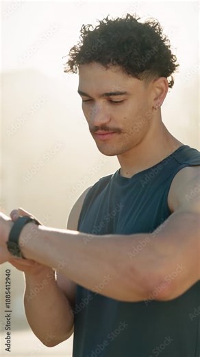 Man, smart watch and runner in city, exercise and click with timer, monitor and check steps in summer. Person, clock or stopwatch with iot application, scroll and stats for fitness in urban town