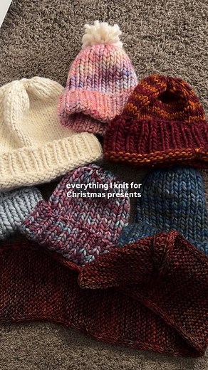 Kayli King on Instagram: "now I need to give my fingers and wrists a break 😅😅 Yarn is Malabrigo Rasta (colors: Rosalinda, Natural, Pagoda, Aquamarine, Caramel) Pattern is from @violentcatlady 💗 For the two random beanies I just did a pattern on my own (Knit one purl one for 8-10 rows, knit the rest) and same with the scarf! #diychristmas #knittok"