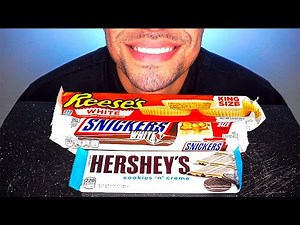 ASMR WHITE REESE'S SNICKERS HERSHEY'S CHOCOLATE PEANUT BUTTER CUPS BARS EATING MOUTH SOUNDS