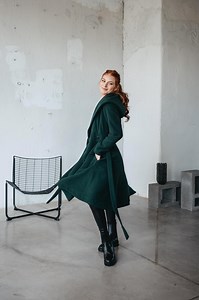 Merino Wool Midi Coat: Hooded Winter Overcoat With Belt, Winter Coat for Women - Etsy