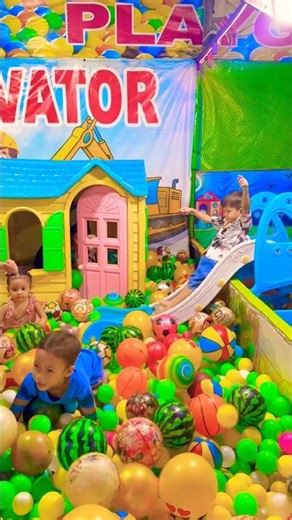 Throw a yellow ball to a friend boy slides down the slide ball pool ride exciting #cocomelon #fyp