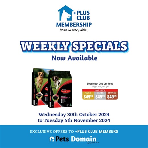 NEW Weekly Specials now available for Plus Club Members! Browse the specials here: https://bit.ly/3XNrbTe Specials only available in-store until Tuesday 5th November 2024. Ts & Cs apply. Not a Plus Club Member? That's OK, signing up is as easy as 1, 2, 3! Sign up in-store or online at petsdomainmembership.com.au #PetsDomain #thehomeforpets | Pets Domain