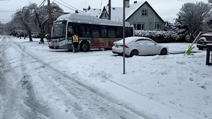 It was a tough go on the roads earlier today, particularly for BC Transit vehicles which have trouble navigating tight streets or thoroughfares that may not see plows as fast as major roads. This BC Transit bus was caught up in slick conditions in Victoria's Fairfield neighbourhood. If you rely on BC Transit, road conditions should be improving throughout the day. If your stop is situated on a hill or in an area that has not been plowed, consider walking to a part of the route that is more acces