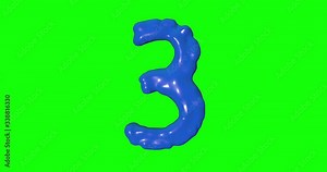 Number 3 three made of blue paint appears as drops approaching.Abstract alphabet ,typography or font. Liquid style animation , on green screen chroma key background.