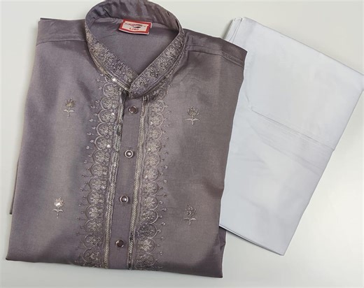 Men's Embroidered Silk Kurta & Pyjama Set | Grey - Etsy