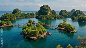 A cluster of small, floating islands connected by rope bridges, each with unique flora and fauna