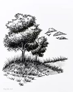 12 reactions | Easy landscape drawing with hut trees and pond for beginners using micron pen #easydrawing #art #pencilart | Raj KK Art | Facebook