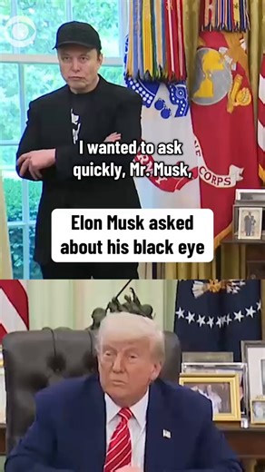 Elon Musk said the black eye he was sporting in his Oval Office goodbye on Friday came from "horsing around" with his 5-year-old son, little X. "I said, 'Go ahead, punch me in the face.' And he did." Musk said. | CBS News