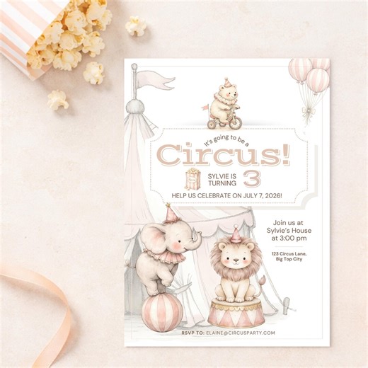 Three Ring Circus Birthday Invitations | Pink Pastel Circus | Fun Circus Animal Theme | Circus Birthday Invitation Watercolor | Editable - Etsy UK