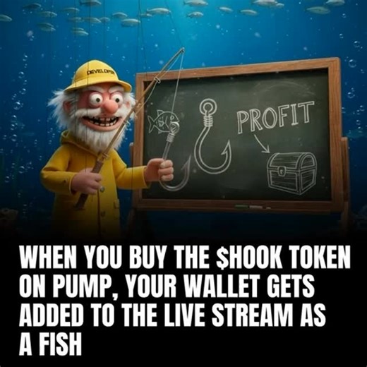 $HOOK on Instagram: "GM. The Ocean is awake. 🌊 For the new shrimps joining us, here is how you survive (and eat): 1️⃣ **SPAWN:** Buy $HOOK to enter the Live Stream. 2️⃣ **SURVIVE:** Don’t sell. Sellers get Hooked & removed. 🎣 3️⃣ **EAT:** Wait for random Treasure Chests. If your fish hits one -> AUTO-PAYOUT. 💰 *Random hooks may kick you out from the game, you’ll need to spawn a new fish Simple rules. Serious rewards. 3M+ $HOOK already distributed. Class dismissed. Get swimming. Ca : C1ECXU7Gp