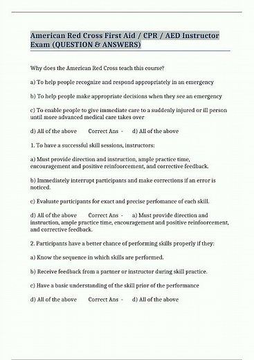 American Red Cross First Aid Cpr Aed Instructor Exam Question En Answers Exam review