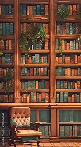 Old books in a library with bookshelf and plants.