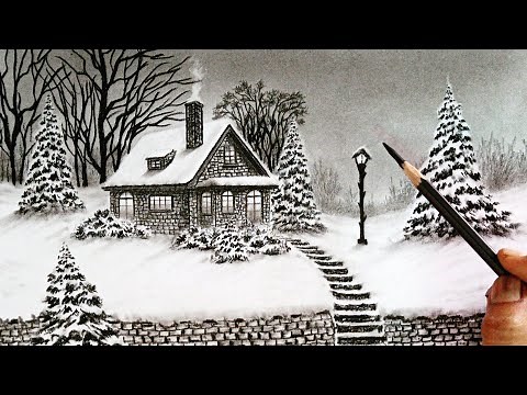 Winter season house landscape drawing easy ways // Winter nature scenery drawing easy steps //