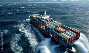 A large container ship battles through choppy waves as it navigates a stormy sea, showcasing the power of maritime transport and the challenges of ocean travel
