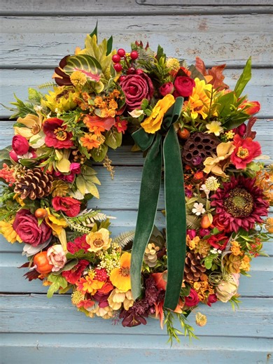Handmade Autumn Wreath: Floral, Pinecone & Velvet Ribbon Door Decor - Etsy UK