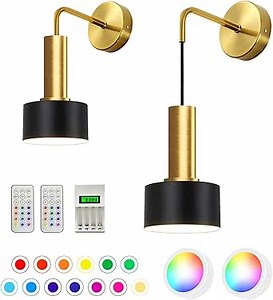 Battery Operated Wall Lights, 2 PCS Wall Sconces Indoor with Remote, Wireless Adjustable Height Wall Light for Bedroom Living Room Hallway - Black