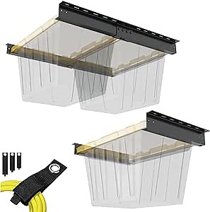 Overhead Garage Storage Rack for Tote Bins - Organization System for 3 Containers - Adjustable Ceiling Mount Rails - Supports Heavy-Duty 17/27 Gallon Bins - Alloy Steel (3 Sets)