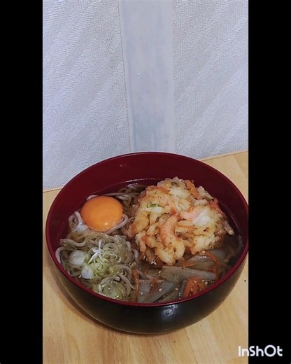 I tried topping rustic soba noodles with shrimp kakiage, kinpira burdock, and a raw egg.