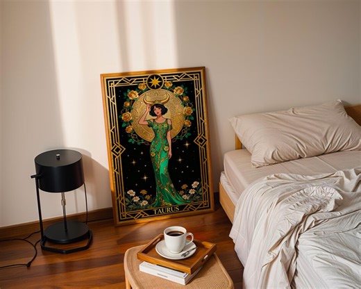 Taurus Zodiac Art Deco Poster, Astrology Earth Sign Wall Art Print, Bull Star Sign Decor, Gold Green Gift - Etsy
