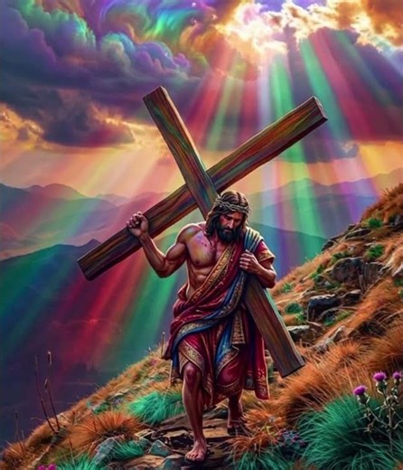 The Ultimate Sacrifice: Jesus Carrying the Cross Under Heaven's Light ✝️✨#love #faith #jesus