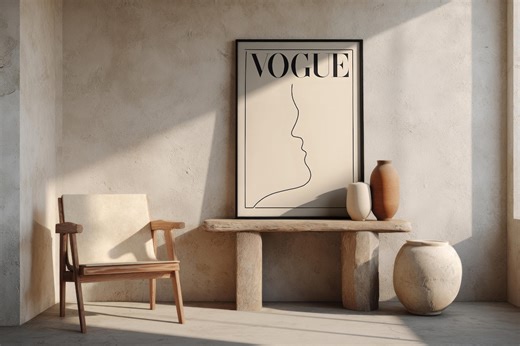 Vogue Line Art Framed Poster: Modern Fashion Illustration, Natural Wood Frame