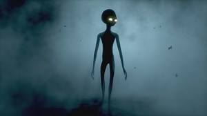 Scary gey Alien with glowing eyes walks with a light shining behind - Free Stock Video