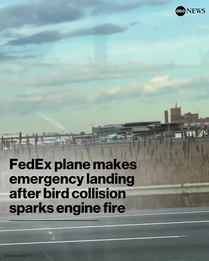 A FedEx cargo plane was forced to make an emergency landing at Newark Liberty International Airport after colliding with a bird shortly after takeoff, igniting an engine fire. Footage captured just before 8 a.m. on Saturday shows flames erupting from beneath the aircraft as it ascended. FedEx Flight 3609 was headed for Indianapolis when the incident occurred. #news #abcnews #fedex #aircraft #fedexplane #flight #newark #newarkairport