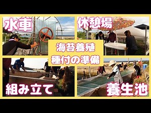 【海苔養殖】種付けの準備／水車の組み立て／養生池づくり／テント、タープ、シート、パラソルで場所づくり／草刈り