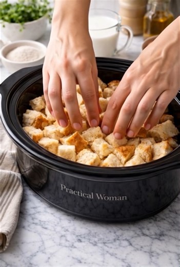 French Bread Pudding Recipe Ingredients 8 cups day-old French bread, cut into 1-inch cubes 4 large eggs 2 cups milk (whole or 2%) 3/4 cup granulated sugar 2 teaspoons vanilla extract Directions Lightly grease the inside of a 4- to 6-quart slow cooker with butter or nonstick cooking spray to prevent sticking. Place the cubed French bread into the slow cooker crock, spreading it out evenly but without packing it down too tightly. In a medium bowl, whisk together the eggs, milk, sugar, and vanilla 