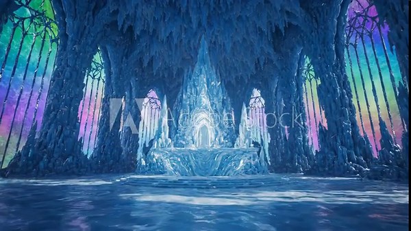 Frozen alien cathedral formed from ice crystals in mystical cavern. Ethereal blue ice structure with glowing arches and spiked formations. Digital animation footage.