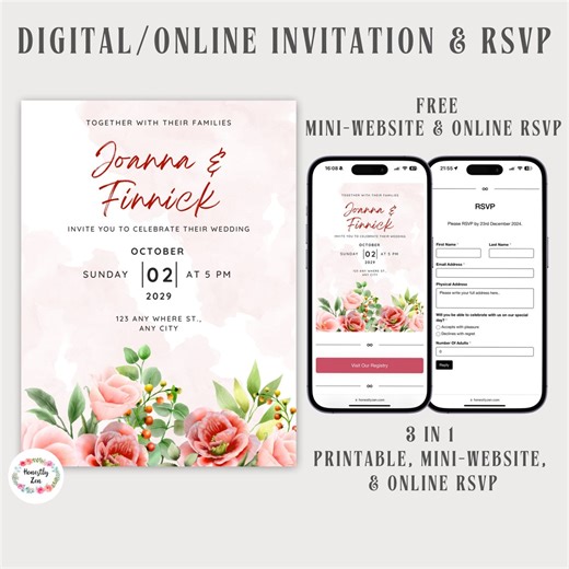 Digital Wedding Invitation & RSVP, Free Wedding Website With Online RSVP, Watercolor Red Roses Online Invite, Editable Canva Template