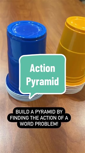 A quick problem solving strategy! In Action Pyramid students take 10 word problems and determine if they are joining ( ), separating (-), joining equal groups (x), separating equal groups (\\) or comparing (-). Each color cup represents each action! When they are finished they build their pyramid! They check their pyramid and if any color is out of place they know they need to@go back and check that problem! #mathcoachminute