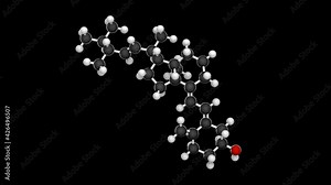 Chemical structure of Vitamin D3 (Cholecalciferol). Formula: C27H44O. 3D render. Seamless loop. Chemical structure model: Ball and Stick. RGB + Alpha (Transparent) channel.