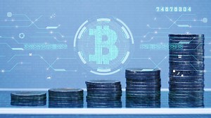 Download bitcoin digital money computer graphic background. stop motion coin stack increase. for free
